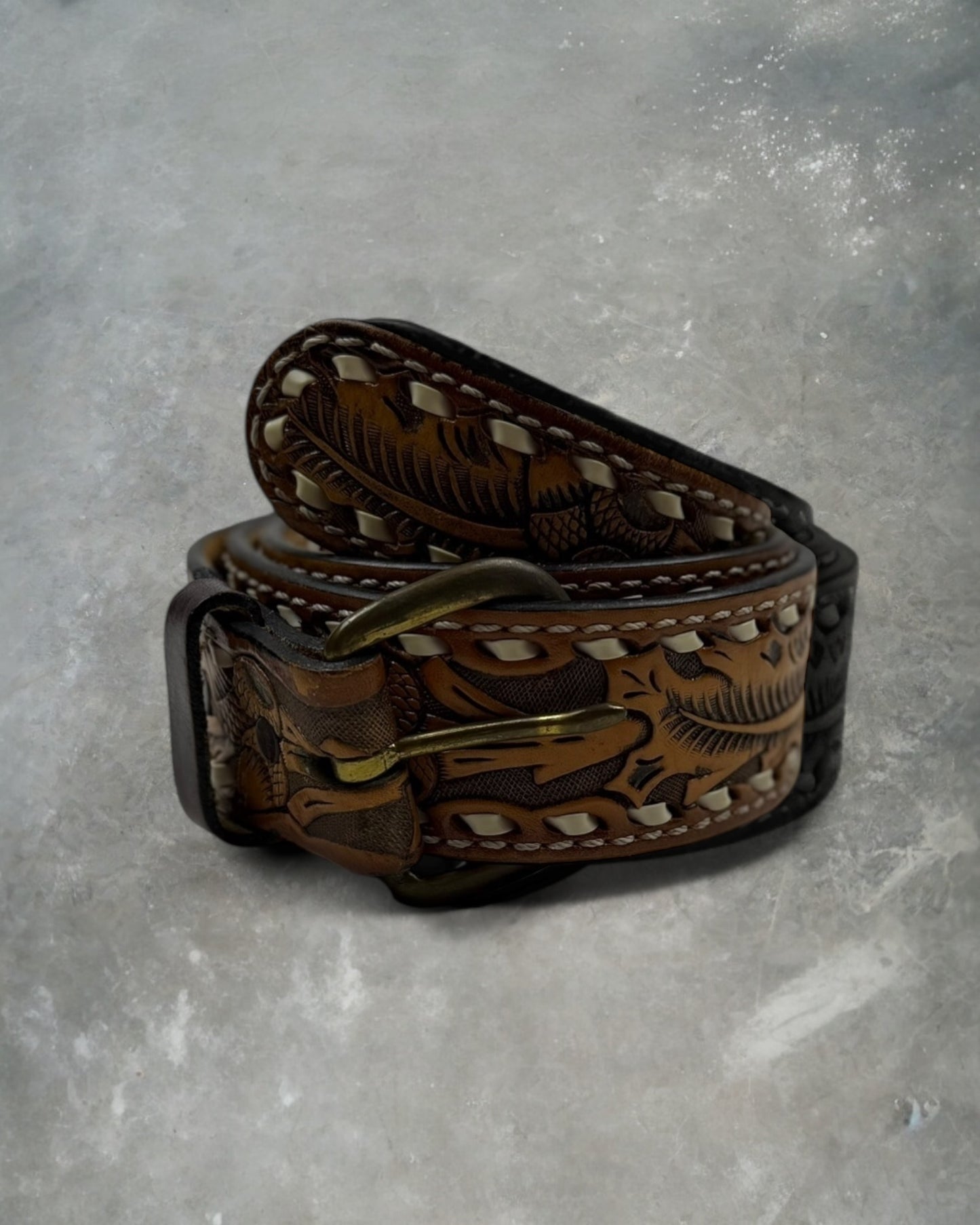 ‘90s Brown Leather Contrast Stitch Belt Sz. 32
