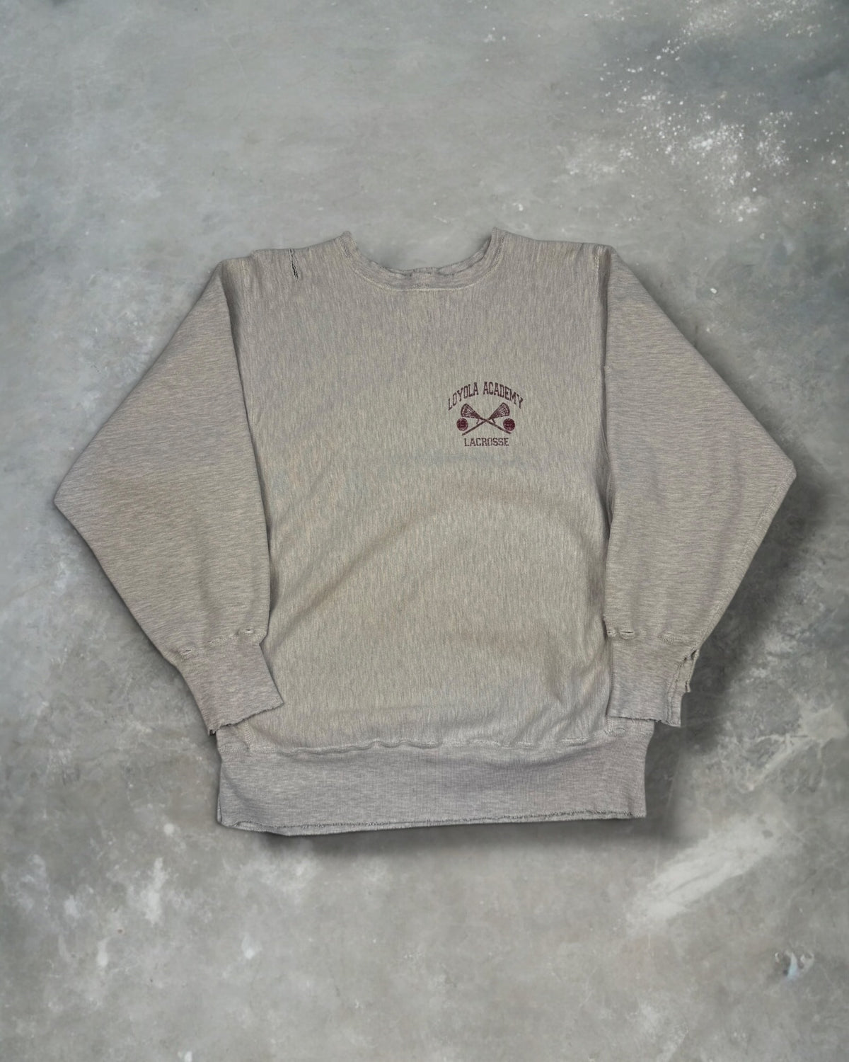 ‘90s Distressed Loyola Academy Lacrosse Champion Reverse Weave Crewneck Sz. XL