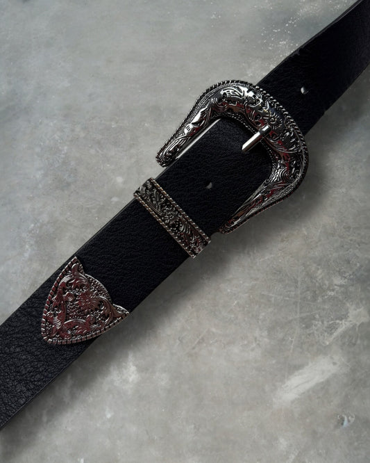 ‘00s Black Leather Silver Buckle Belt Sz. 42