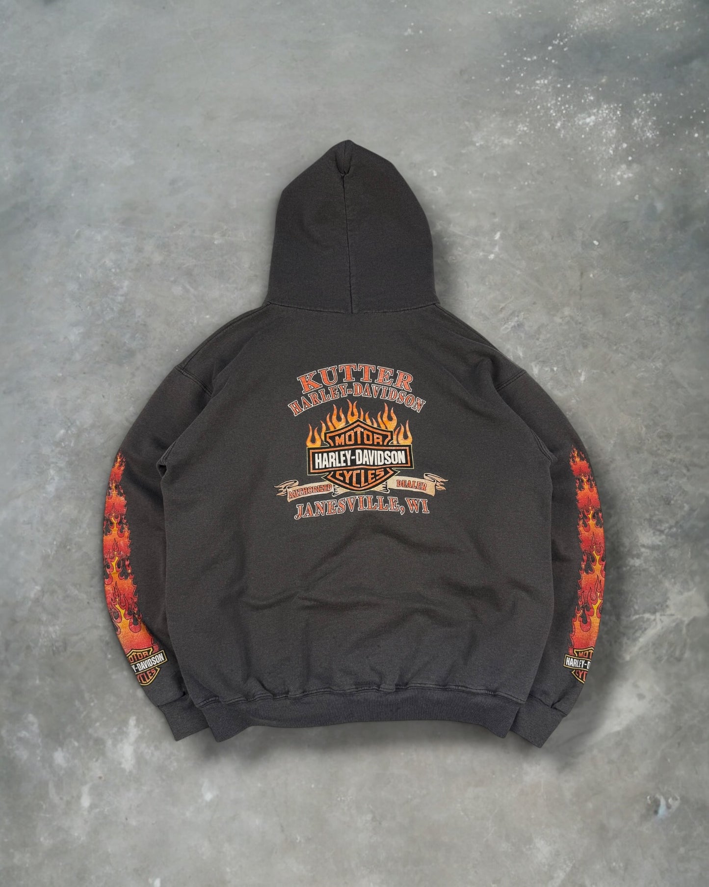 ‘02 Wisconsin Harley Davidson Flame Zip Up Hoodie Sz. L